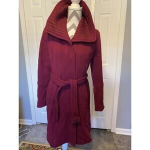 Cole Haan Cranberry Wool Blend Belted Long Line Pea Coat Size 8 Designer Coat